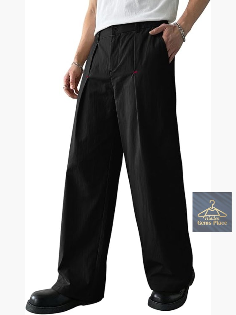 Men's Baggy Pleated Dress Pants Wide Leg Trousers With Pockets